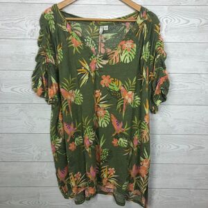 Cato Women's 26/28W Linen Blend V Neck Top Ruched Short Sleeve Tropical Floral